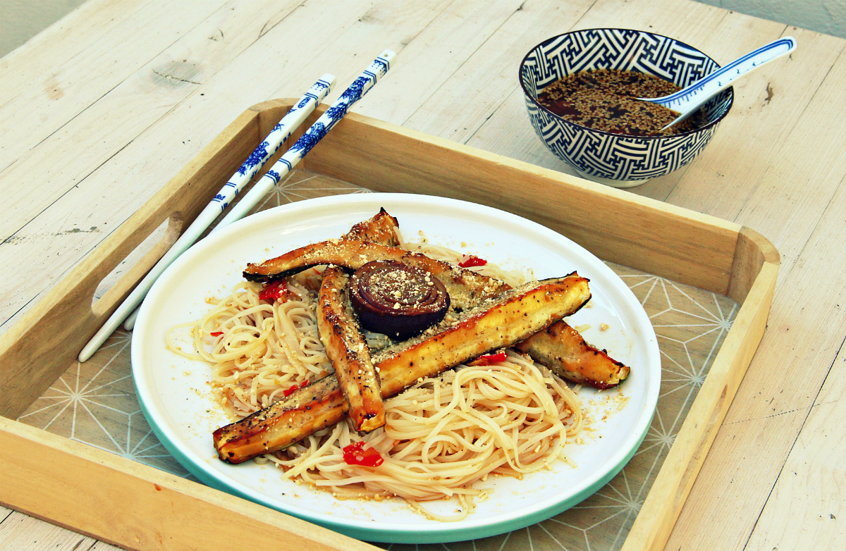 Vegan Miso Wasabi Glazed Zucchini & Rice Noodles - The Vegan Eskimo