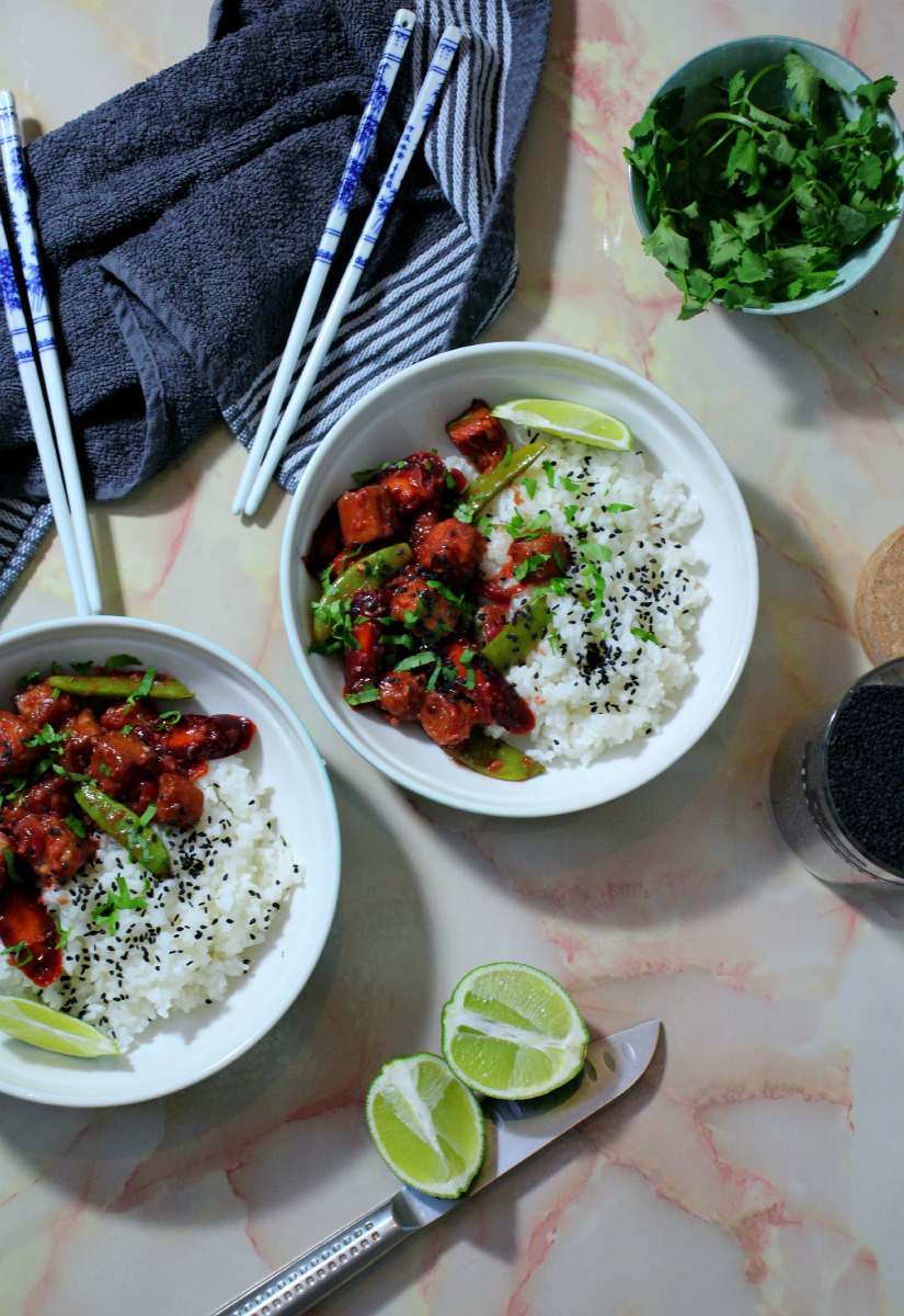 Spicy Orange Tofu, Veg & Sticky Rice - The Vegan Eskimo