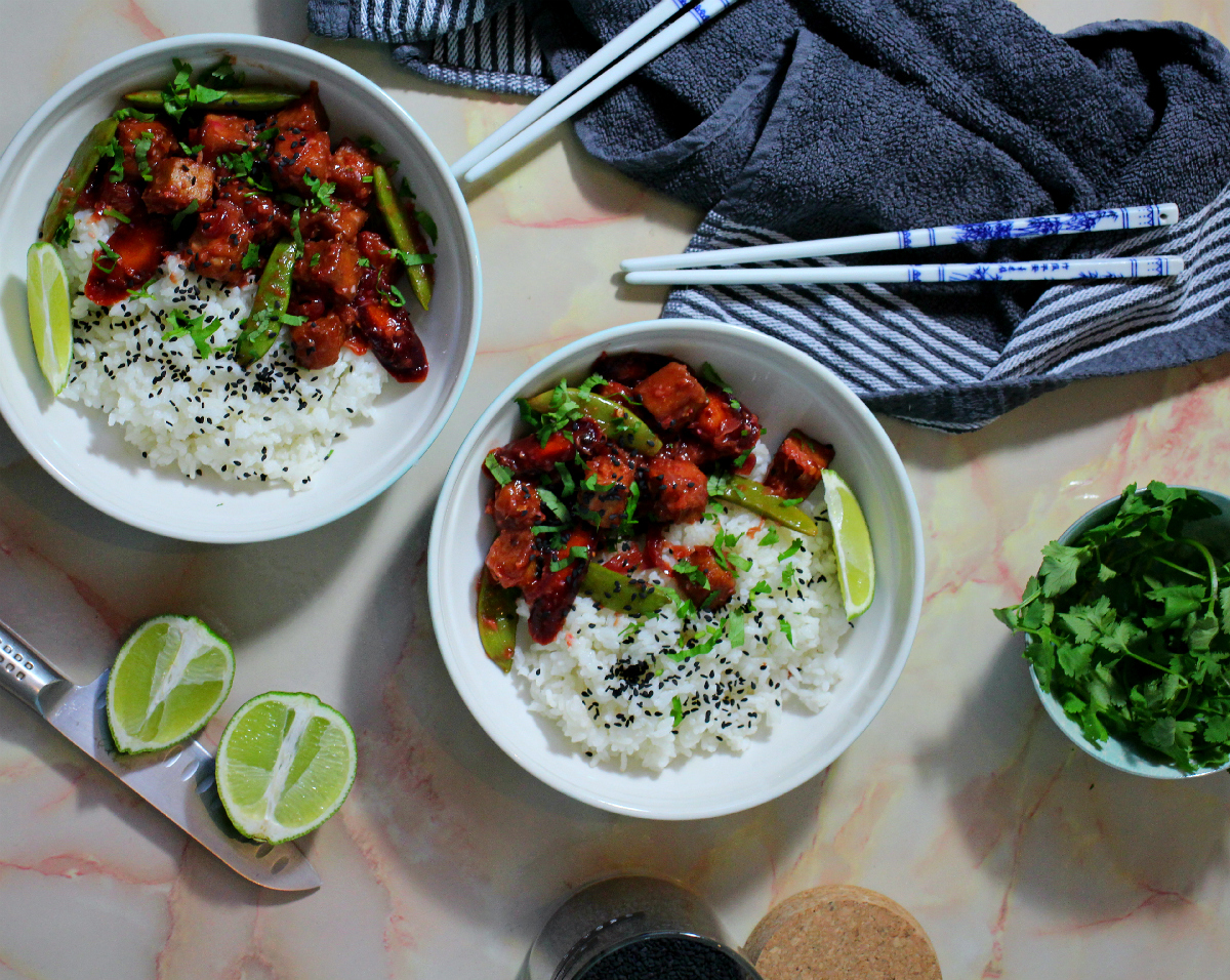 Spicy Orange Tofu, Veg & Sticky Rice - The Vegan Eskimo