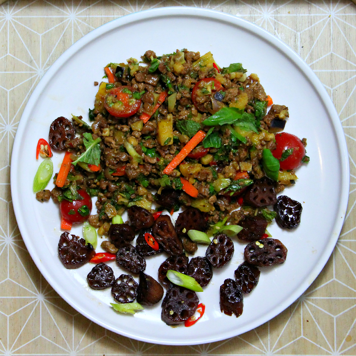 Vegan Lao Laab / Larb and Glazed Lotus Roots - The Vegan Eskimo